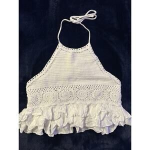 American Eagle Crochet Halter Crop Top White Ruffles XS Romantic Boho Hippie